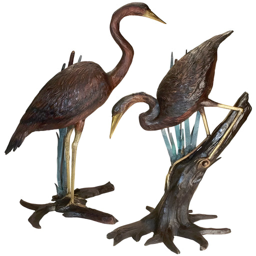 Design Toscano Standing and Fishing Herons in Reeds Bronze Statues set of two